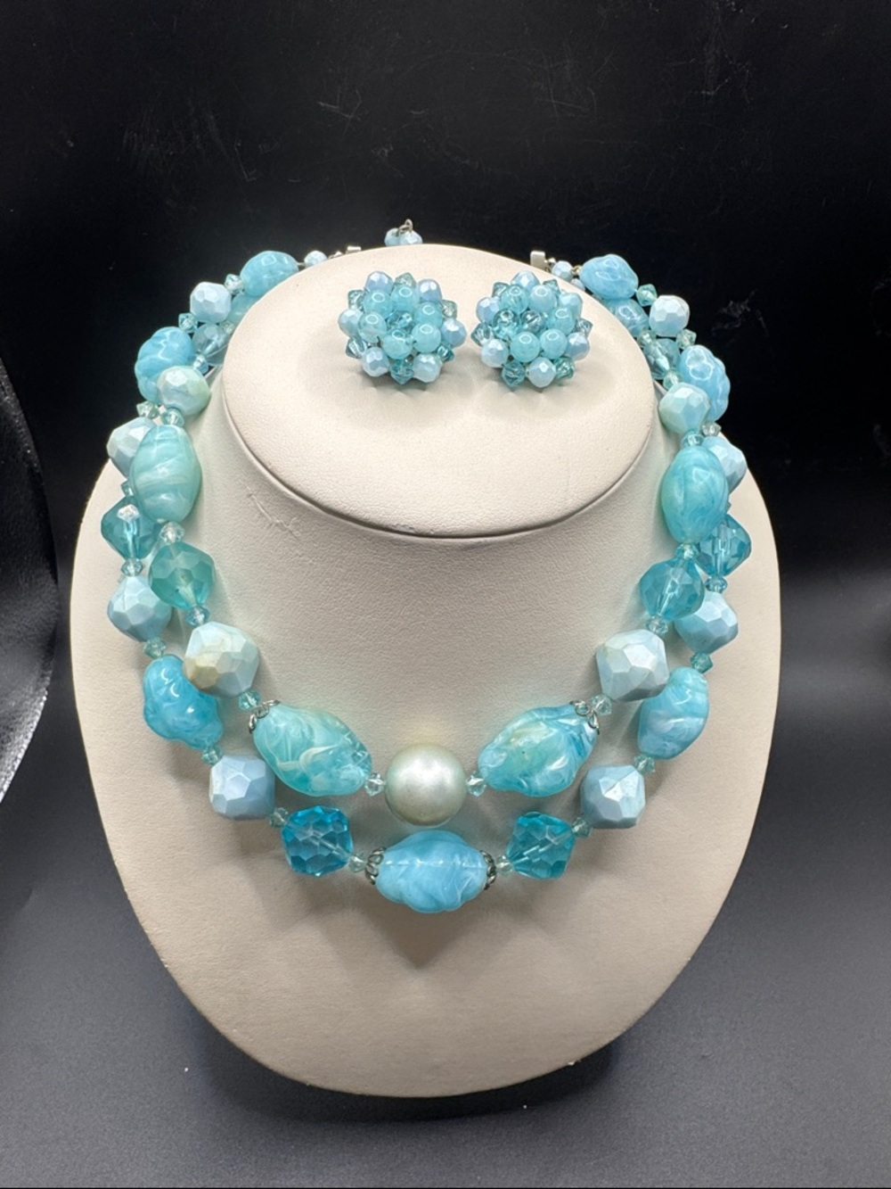 Germany Aqua Blue Beaded Double-Strand Necklace and Clip-On Earrings 15 inches